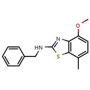 Chemical structure of N-benzyl-4-methoxy-7-methyl-1,3-benzothiazol-2-amine , CAS 1251614-64-8, AChemBlock L19058