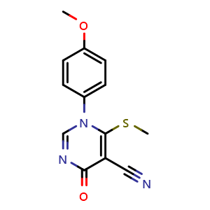 Chemical structure of 1-(4-methoxyphenyl)-6-(methylsulfanyl)-4-oxopyrimidine-5-carbonitrile , CAS 950272-26-1, AChemBlock L19114