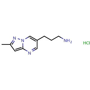 Chemical structure of 3-(2-methylpyrazolo[1,5-a]pyrimidin-6-yl)propan-1-amine hydrochloride , CAS 1820619-50-8, AChemBlock L19165