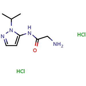 Chemical structure of 2-amino-N-(1-isopropyl-1H-pyrazol-5-yl)acetamide dihydrochloride , CAS 1573547-23-5, AChemBlock L19286