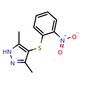 Chemical structure of 3,5-Dimethyl-4-[(2-nitrophenyl)thio]-1H-pyrazole , CAS 92289-98-0, AChemBlock L19366