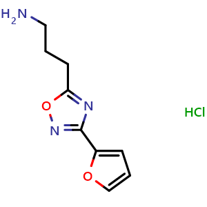 Chemical structure of 3-(3-(furan-2-yl)-1,2,4-oxadiazol-5-yl)propan-1-amine hydrochloride , CAS 1435804-19-5, AChemBlock L19397