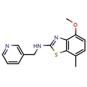 Chemical structure of 4-methoxy-7-methyl-N-(pyridin-3-ylmethyl)-1,3-benzothiazol-2-amine , CAS 1105192-38-8, AChemBlock L19568