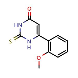 Chemical structure of 6-(2-methoxyphenyl)-2-thioxo-2,3-dihydropyrimidin-4(1{H})-one , CAS 886140-11-0, AChemBlock L19581