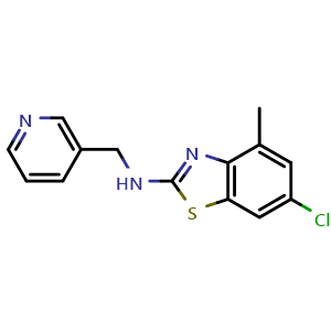 Chemical structure of 6-chloro-4-methyl-N-(pyridin-3-ylmethyl)benzo[d]thiazol-2-amine , CAS 1219844-34-4, AChemBlock L19586