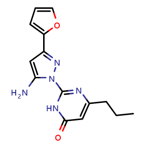 Chemical structure of 2-[5-amino-3-(2-furyl)-1H-pyrazol-1-yl]-6-propylpyrimidin-4(3H)-one , CAS 1207000-54-1, AChemBlock L19607