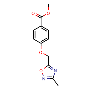 Chemical structure of methyl 4-((3-methyl-1,2,4-oxadiazol-5-yl)methoxy)benzoate , CAS 1338673-74-7, AChemBlock L19662