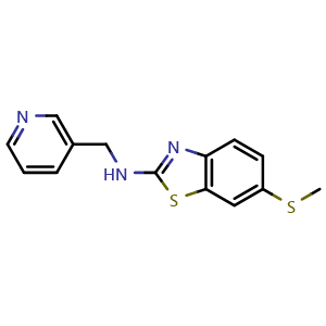 Chemical structure of 6-(methylthio)-N-(pyridin-3-ylmethyl)-1,3-benzothiazol-2-amine , CAS 1204297-03-9, AChemBlock L19689