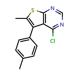 Chemical structure of 4-chloro-6-methyl-5-(4-methylphenyl)thieno[2,3-d]pyrimidine , CAS 610274-05-0, AChemBlock L19700