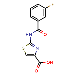 Chemical structure of 2-[(3-Fluorobenzoyl)amino]-1,3-thiazole-4-carboxylic acid , CAS 941869-58-5, AChemBlock L19709