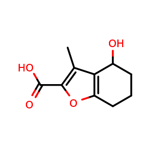 Chemical structure of 4-Hydroxy-3-methyl-4,5,6,7-tetrahydro-1-benzofuran-2-carboxylic acid , CAS 575462-25-8, AChemBlock L19711