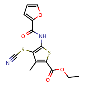 Chemical structure of ethyl 4-(cyanosulfanyl)-5-(furan-2-amido)-3-methylthiophene-2-carboxylate , CAS 681159-27-3, AChemBlock L19736