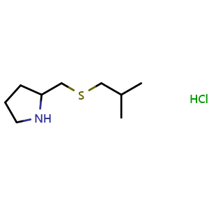 Chemical structure of 2-{[(2-methylpropyl)sulfanyl]methyl}pyrrolidine hydrochloride , CAS 1820718-39-5, AChemBlock L19737