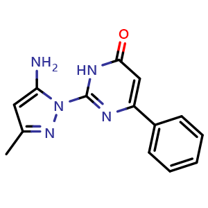 Chemical structure of 2-(5-amino-3-methyl-1H-pyrazol-1-yl)-6-phenylpyrimidin-4(3H)-one , CAS 1171738-69-4, AChemBlock L19787