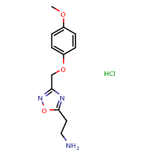 Chemical structure of 2-(3-((4-methoxyphenoxy)methyl)-1,2,4-oxadiazol-5-yl)ethan-1-amine hydrochloride , CAS 1435804-68-4, AChemBlock L19811