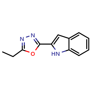 Chemical structure of 2-(5-ethyl-1,3,4-oxadiazol-2-yl)-1H-indole , CAS 95446-30-3, AChemBlock L19816