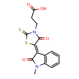 Chemical structure of 3-(5-(1-methyl-2-oxoindolin-3-ylidene)-4-oxo-2-thioxothiazolidin-3-yl)propanoic acid , CAS 305376-97-0, AChemBlock L19818