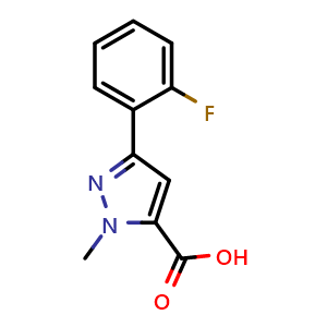 Chemical structure of 3-(2-fluorophenyl)-1-methyl-1H-pyrazole-5-carboxylic acid , CAS 1204296-61-6, AChemBlock L19907