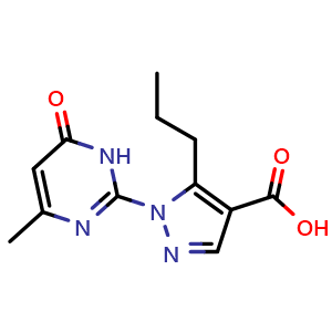 Chemical structure of 1-(4-methyl-6-oxo-1,6-dihydropyrimidin-2-yl)-5-propyl-1H-pyrazole-4-carboxylic acid , CAS 1350988-92-9, AChemBlock L19908