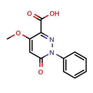 Chemical structure of 4-methoxy-6-oxo-1-phenyl-1,6-dihydropyridazine-3-carboxylic acid , CAS 1105193-11-0, AChemBlock L19930