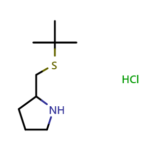 Chemical structure of 2-[(tert-butylsulfanyl)methyl]pyrrolidine hydrochloride , CAS 1820665-71-1, AChemBlock L19951