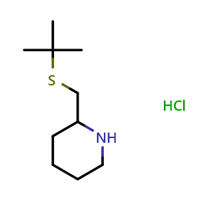 Chemical structure of 2-[(tert-butylsulfanyl)methyl]piperidine hydrochloride , CAS 1820639-50-6, AChemBlock L19954