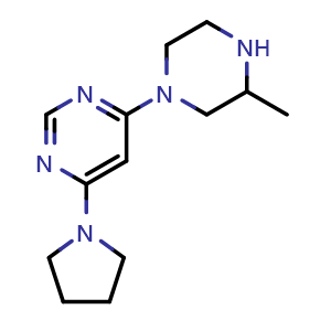 Chemical structure of 4-(3-methylpiperazin-1-yl)-6-(pyrrolidin-1-yl)pyrimidine , CAS 1774892-06-6, AChemBlock L19960