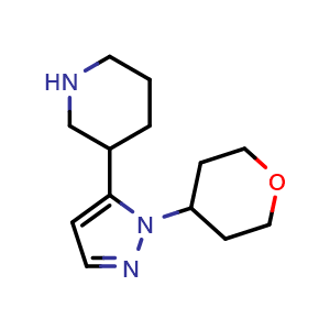 Chemical structure of 3-[1-(oxan-4-yl)-1H-pyrazol-5-yl]piperidine , CAS 1707361-95-2, AChemBlock L19961