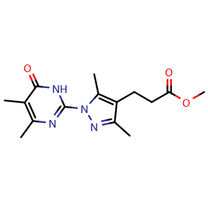 Chemical structure of methyl 3-[1-(4,5-dimethyl-6-oxo-1,6-dihydropyrimidin-2-yl)-3,5-dimethyl-1H-pyrazol-4-yl]propanoate , CAS 1172006-95-9, AChemBlock L19981
