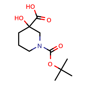 Chemical structure of 1-(tert-butoxycarbonyl)-3-hydroxypiperidine-3-carboxylic acid , CAS 1396555-79-5, AChemBlock L19990