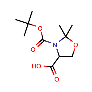 Chemical structure of 3-(tert-butoxycarbonyl)-2,2-dimethyl-1,3-oxazolidine-4-carboxylic acid , CAS 301155-28-2, AChemBlock L20002