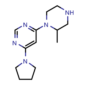 Chemical structure of 4-(2-methylpiperazin-1-yl)-6-(pyrrolidin-1-yl)pyrimidine , CAS 1713163-17-7, AChemBlock L20024