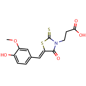 Chemical structure of 3-(5-(4-hydroxy-3-methoxybenzylidene)-4-oxo-2-thioxothiazolidin-3-yl)propanoic acid , CAS 7025-18-5, AChemBlock L20025