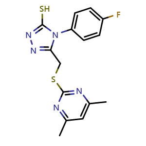 Chemical structure of 5-{[(4,6-dimethylpyrimidin-2-yl)thio]methyl}-4-(4-fluorophenyl)-4H-1,2,4-triazole-3-thiol , CAS 887205-52-9, AChemBlock L20031