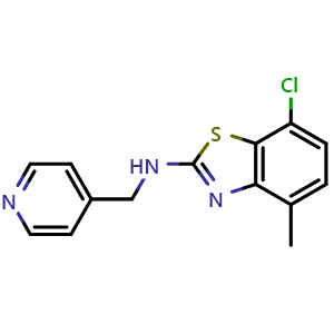Chemical structure of 7-chloro-4-methyl-N-(pyridin-4-ylmethyl)-1,3-benzothiazol-2-amine , CAS 1177306-69-2, AChemBlock L20036