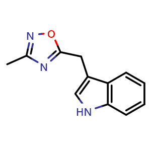 Chemical structure of 3-[(3-methyl-1,2,4-oxadiazol-5-yl)methyl]-1H-indole , CAS 343966-69-8, AChemBlock L20074