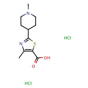 Chemical structure of 4-methyl-2-(1-methylpiperidin-4-yl)thiazole-5-carboxylic acid dihydrochloride , CAS 1949816-02-7, AChemBlock L20115