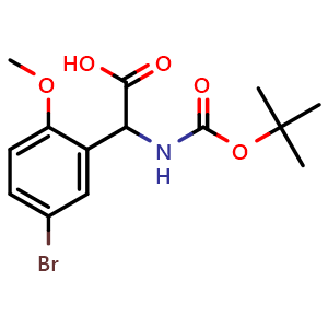 Chemical structure of (5-bromo-2-methoxyphenyl)[(tert-butoxycarbonyl)amino]acetic acid , CAS 1214038-57-9, AChemBlock L20164