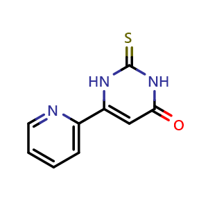Chemical structure of 6-pyridin-2-yl-2-thioxo-2,3-dihydropyrimidin-4(1{H})-one , CAS 64670-16-2, AChemBlock L20181