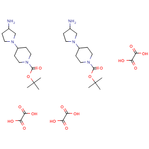 Chemical structure of tert-butyl 4-(3-aminopyrrolidin-1-yl)piperidine-1-carboxylate sesquioxalate , CAS 1820717-14-3, AChemBlock L20185