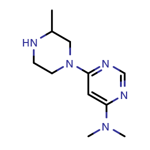 Chemical structure of N,N-dimethyl-6-(3-methylpiperazin-1-yl)pyrimidin-4-amine , CAS 1707367-55-2, AChemBlock L20200