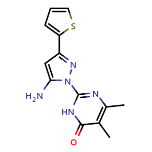 Chemical structure of 2-[5-amino-3-(2-thienyl)-1H-pyrazol-1-yl]-5,6-dimethylpyrimidin-4(3H)-one , CAS 1171027-33-0, AChemBlock L20294