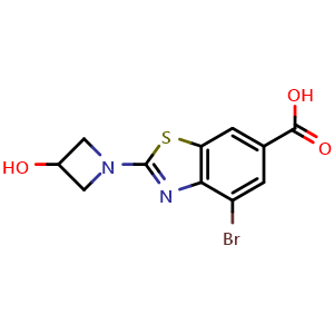 Chemical structure of 4-bromo-2-(3-hydroxyazetidin-1-yl)benzo[d]thiazole-6-carboxylic acid , CAS 1820684-04-5, AChemBlock L20378