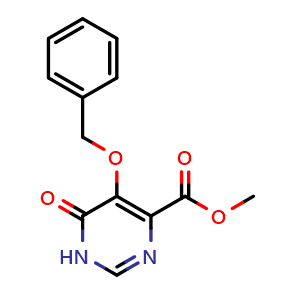 Chemical structure of methyl 5-(benzyloxy)-6-oxo-1,6-dihydropyrimidine-4-carboxylate , CAS 845723-50-4, AChemBlock L20413