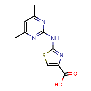Chemical structure of 2-[(4,6-dimethylpyrimidin-2-yl)amino]-1,3-thiazole-4-carboxylic acid , CAS 1248908-13-5, AChemBlock L20431