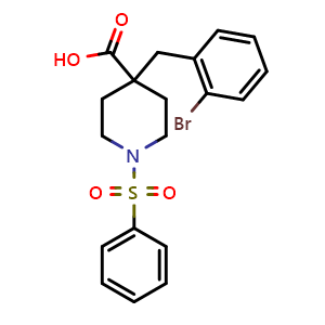 Chemical structure of 4-(2-bromobenzyl)-1-(phenylsulfonyl)piperidine-4-carboxylic acid , CAS 1171661-56-5, AChemBlock L20444