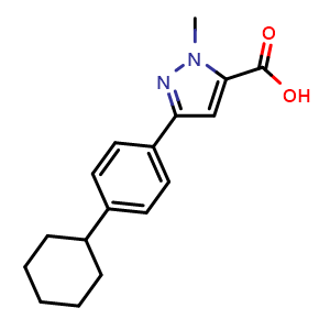 Chemical structure of 3-(4-cyclohexylphenyl)-1-methyl-1{H}-pyrazole-5-carboxylic acid , CAS 1177298-23-5, AChemBlock L20466