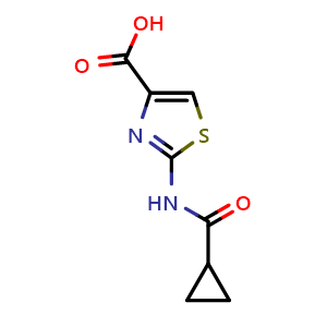Chemical structure of 2-[(Cyclopropylcarbonyl)amino]-1,3-thiazole-4-carboxylic acid , CAS 941869-46-1, AChemBlock L20494