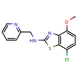 Chemical structure of 7-chloro-4-methoxy-N-(pyridin-2-ylmethyl)benzo[d]thiazol-2-amine , CAS 1105194-24-8, AChemBlock L20528