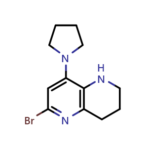 Chemical structure of 6-bromo-8-(pyrrolidin-1-yl)-1,2,3,4-tetrahydro-1,5-naphthyridine , CAS 1706439-92-0, AChemBlock L20588